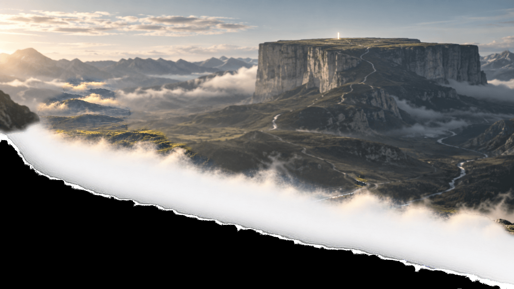 A solitary path crossing the mountains toward a vast, flat plateau
